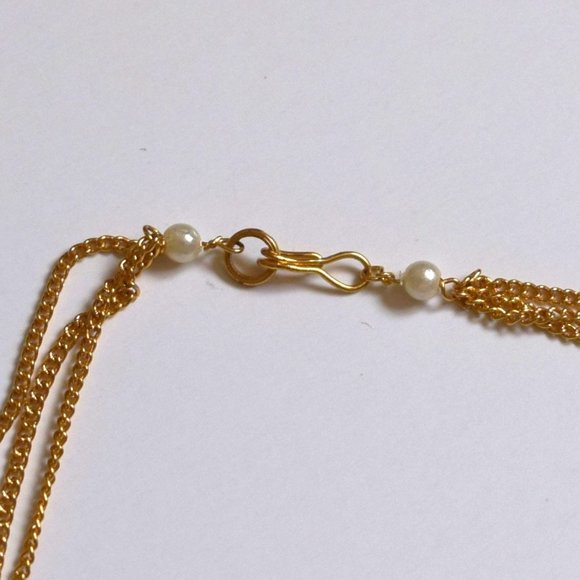 Multi-Strand Gold Necklace with Pearls Jade and Rose Quartz - Picture 3 of 3